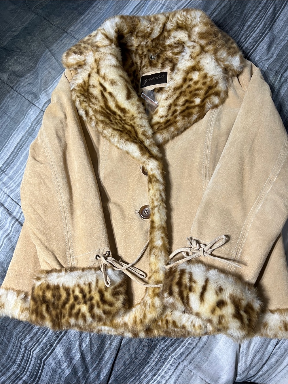 Guess Tan Suede Teddy Jacket with Leopard-Trim Faux Fur